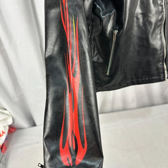 BC Ethic Womens Size Medium Black Faux Leather Jacket With Red Flame Sleeves - Picture 2 of 7